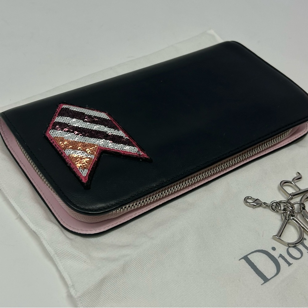 Dior Chevron Sequin Zip Around Long Wallet Black Leather Pink Interior Authentic